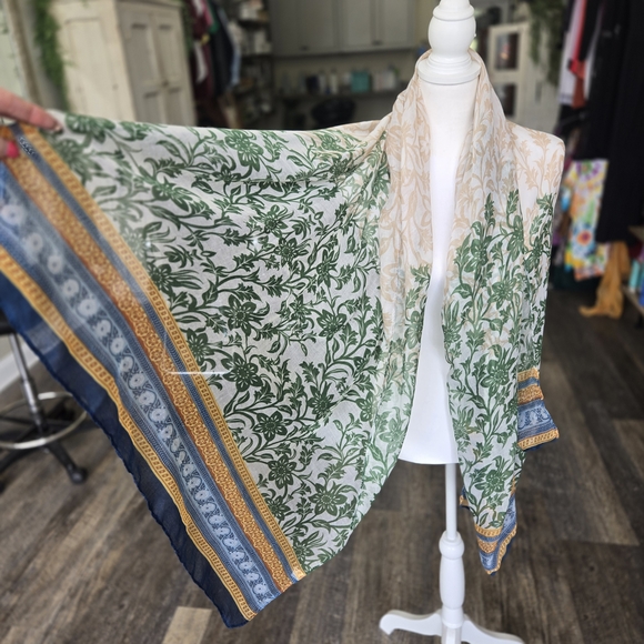 Elegant Green and Cream Blue Floral Sheer Scarf Wrap Sarong - Picture 1 of 2